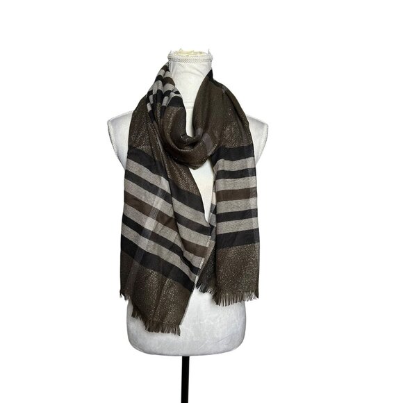V. Fraas Striped Fringe Scarf Shawl Wrap Made In Germany  Brown & Black 80 X 22 - Picture 7 of 8